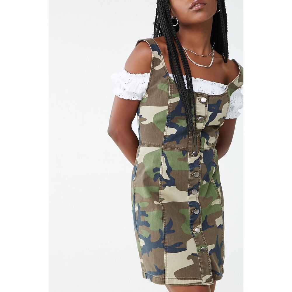 Forever 21 Brown Green Camo Sleeveless Button-Down Denim Dress Size Medium